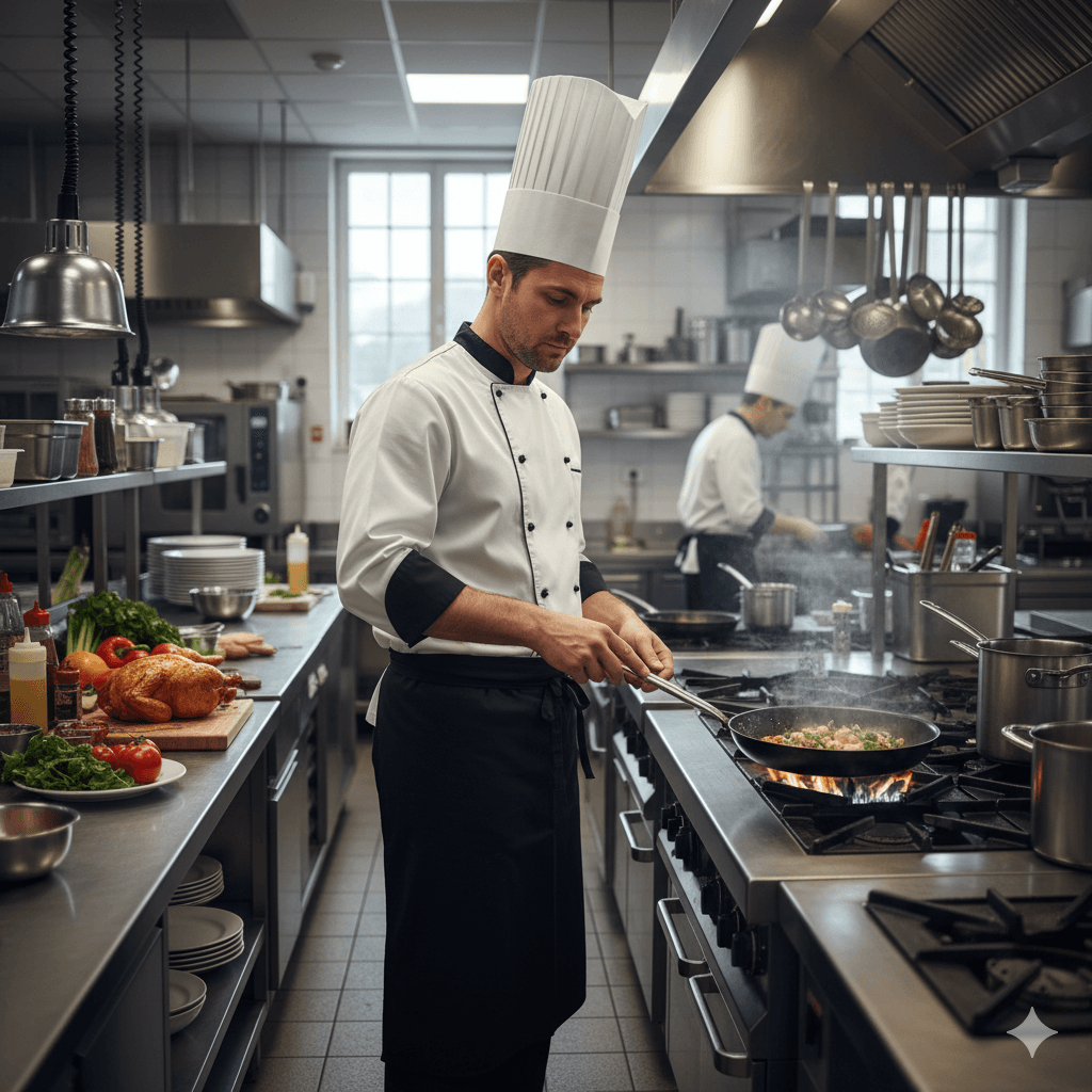 Chef profesional en cocina moderna preparando alimentos
